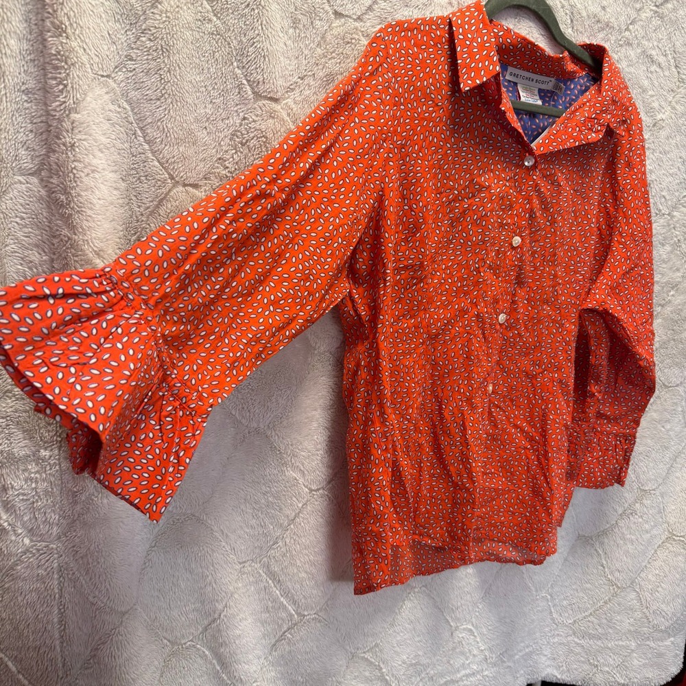 Gretchen Scott Orange Print Bell Sleeve Shirt NWT Cottagecore Boho Artsy Large